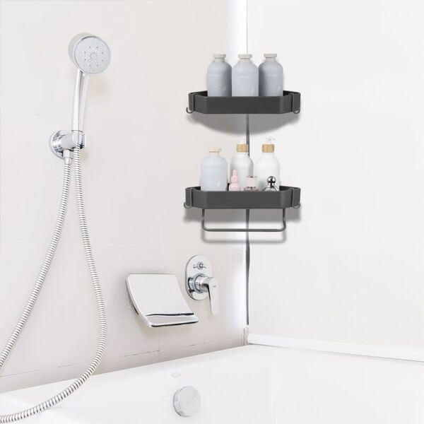 Set 4 etajere pentru baie, Quasar & Co.®, de colt, suspendate, cu 2 bare prosop, 4 carlige, 23x23x5 cm, metal, gri - imagine 5
