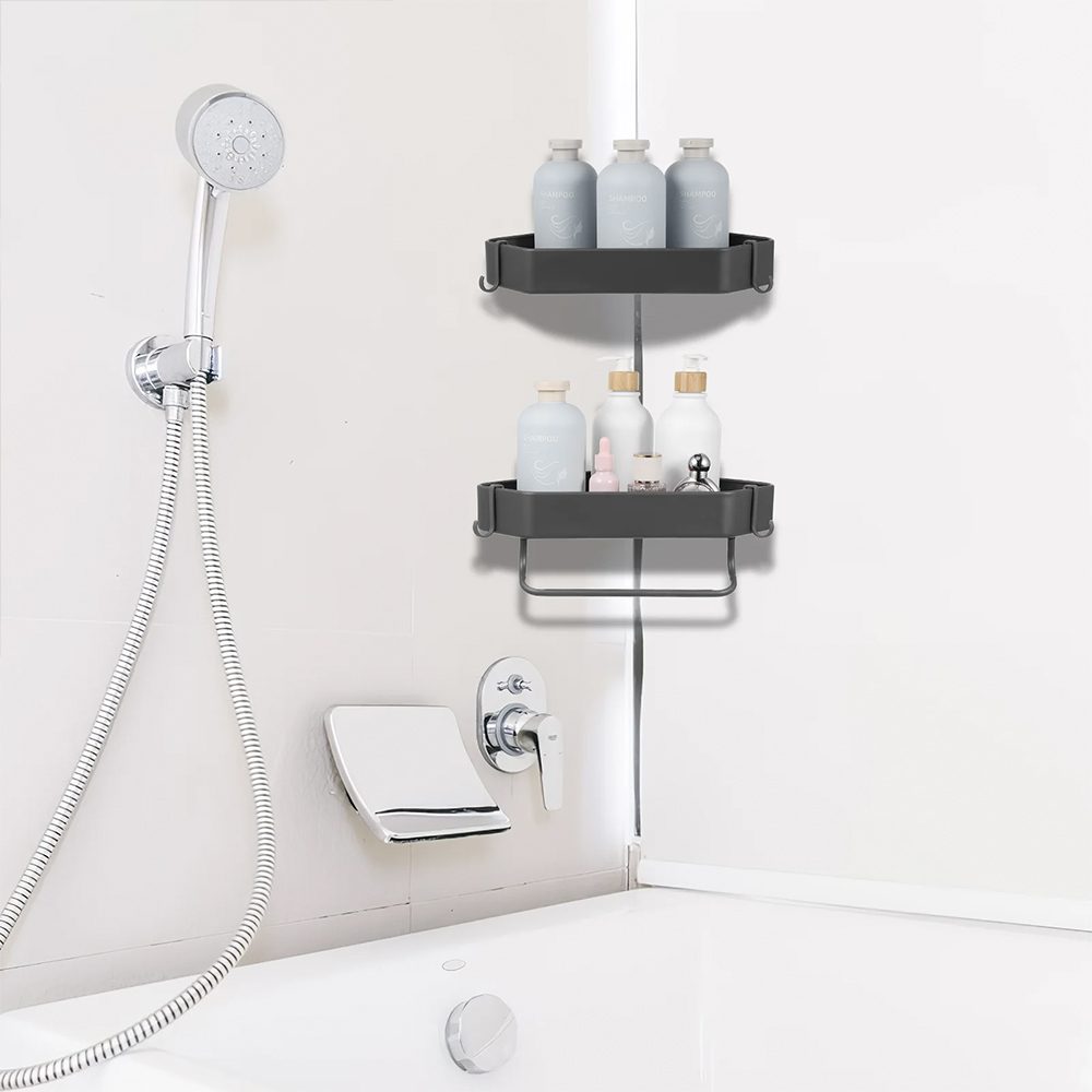 Set 4 etajere pentru baie, Quasar & Co.®, de colt, suspendate, cu 2 bare prosop, 4 carlige, 23x23x5 cm, metal, gri 5 Set 4 etajere pentru baie, Quasar & Co.®, de colt, suspendate, cu 2 bare prosop, 4 carlige, 23x23x5 cm, metal, gri 5