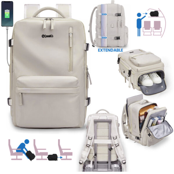 Rucsac Quasar & Co.®, bagaj de mana avion, multifunctional, extensibil, impermeabil, compartiment pantofi, compartiment laptop, sistem agatare pe troler, rucsac calatorie/voiaj pretabil drumetii/scoala, cu USB, textil, 43x30x20-28 cm, ivoire - imagine 1