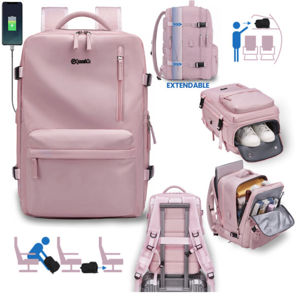 Rucsac Quasar & Co.®, bagaj de mana avion, multifunctional, extensibil, impermeabil, compartiment pantofi, compartiment laptop, sistem agatare pe troler, rucsac calatorie/voiaj pretabil drumetii/scoala, cu USB, textil, 43x30x20-28 cm, roz Rucsacuri 2026-04-29 2