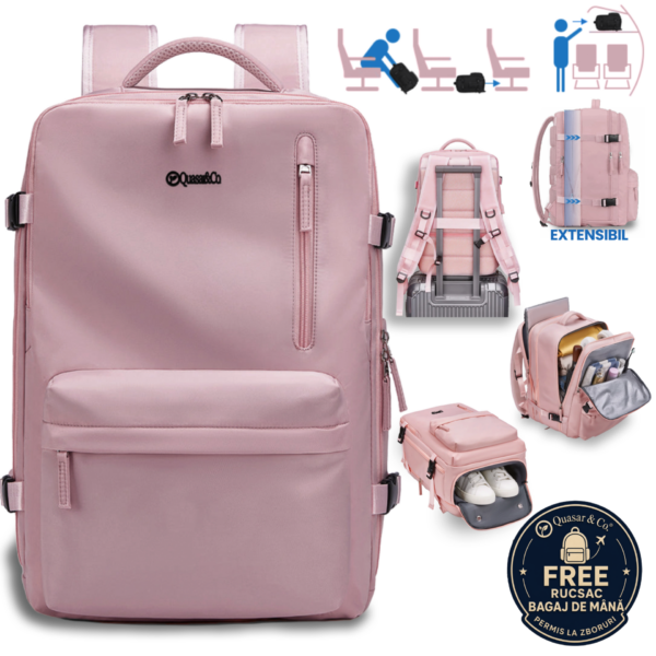 Rucsac bagaj de mana avion Quasar & Co.®, extensibil 43x30x20-28 cm, rucsac calatorie/voiaj multifunctional, impermeabil, compartiment pantofi, compartiment laptop, sistem agatare pe troler, pretabil drumetii/scoala, cu USB, textil, roz Rucsacuri 2026-09-16 2