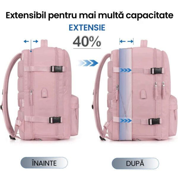 Rucsac Quasar & Co.®, bagaj de mana avion, multifunctional, extensibil, impermeabil, compartiment pantofi, compartiment laptop, sistem agatare pe troler, rucsac calatorie/voiaj pretabil drumetii/scoala, cu USB, textil, 43x30x20-28 cm, roz Rucsacuri 2026-04-29