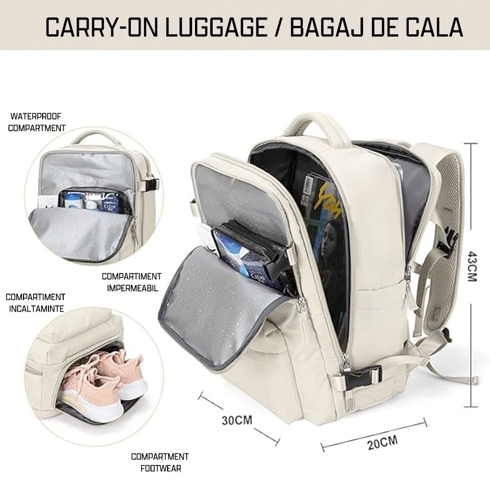 Rucsac Quasar & Co.®, bagaj de mana avion, multifunctional, extensibil, impermeabil, compartiment pantofi, compartiment laptop, sistem agatare pe troler, rucsac calatorie/voiaj pretabil drumetii/scoala, cu USB, textil, 43x30x20-28 cm, ivoire 2