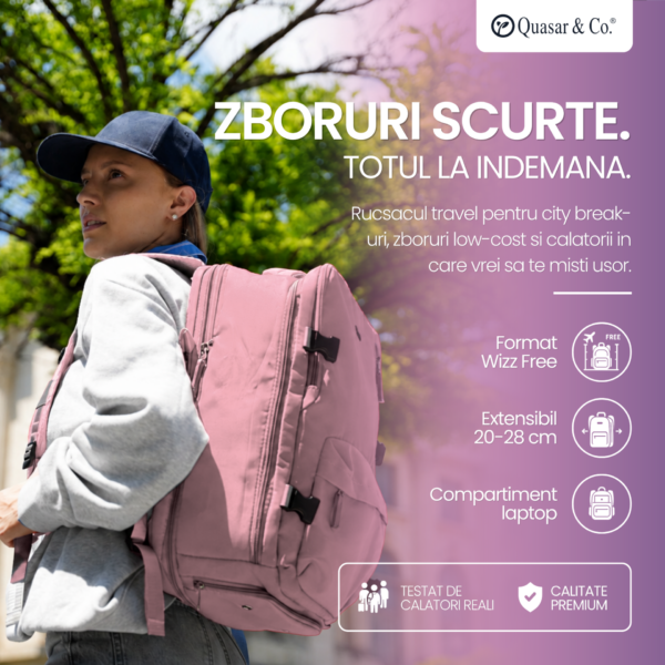 Rucsac bagaj de mana avion Quasar & Co.®, extensibil 43x30x20-28 cm, rucsac calatorie/voiaj multifunctional, impermeabil, compartiment pantofi, compartiment laptop, sistem agatare pe troler, pretabil drumetii/scoala, cu USB, textil, roz Rucsacuri 2026-09-16
