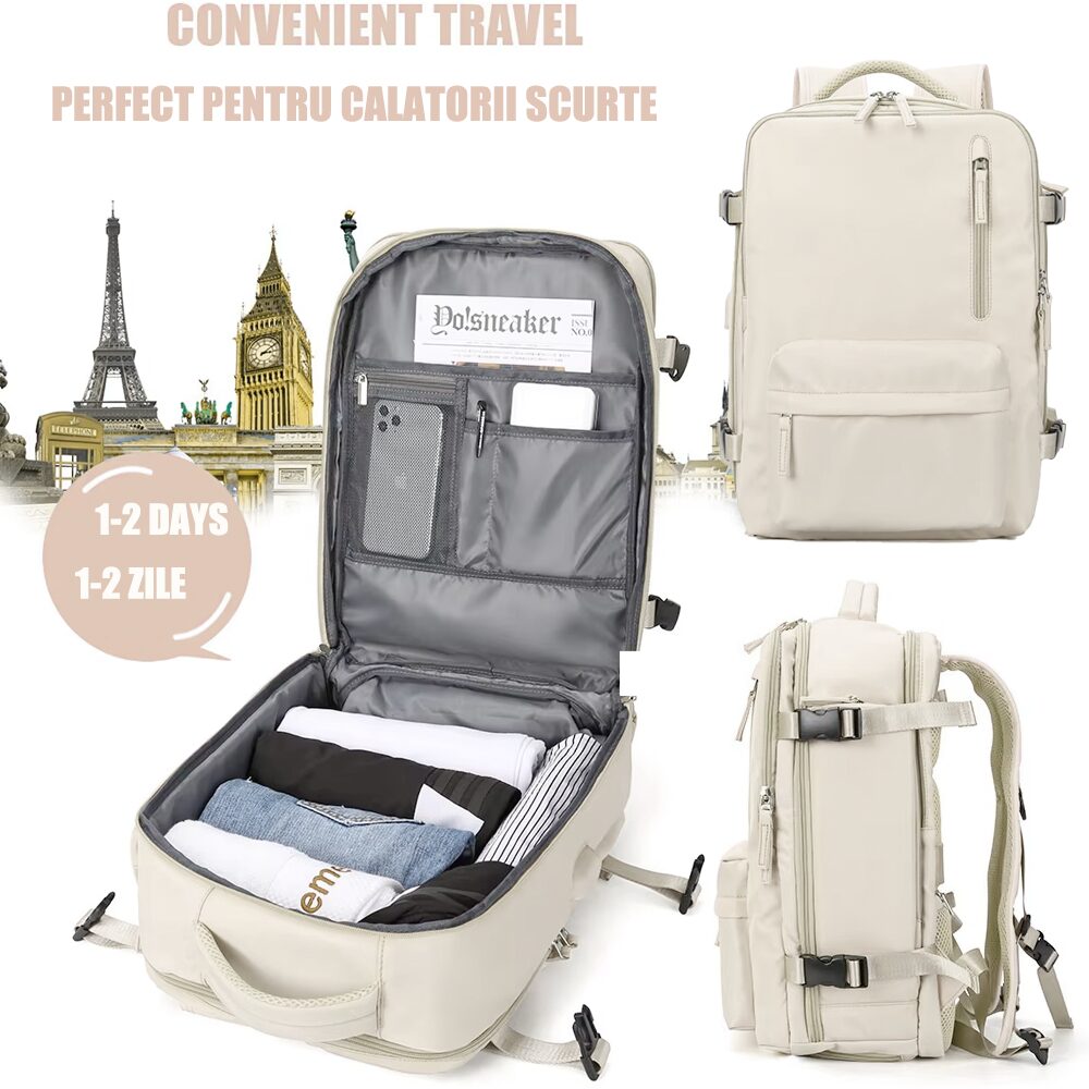 Rucsac Quasar & Co.®, bagaj de mana avion, multifunctional, extensibil, impermeabil, compartiment pantofi, compartiment laptop, sistem agatare pe troler, rucsac calatorie/voiaj pretabil drumetii/scoala, cu USB, textil, 43x30x20-28 cm, ivoire 6