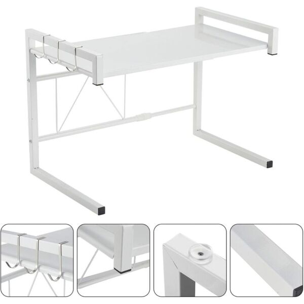 Raft cuptor microunde, Quasar & Co.®, suport bucatarie, rafturi ajustabile pe lungime de la 44 la 64 cm, etajera cu cadru metalic si 3 carlige, model Teta, 44-64 x 36 x 42 cm, alb - imagine 4