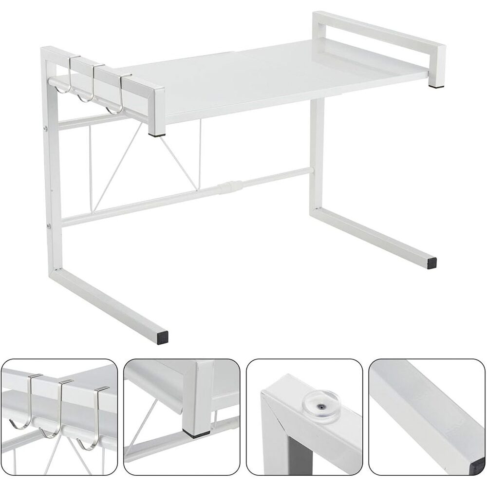 Raft cuptor microunde, Quasar & Co.®, suport bucatarie, rafturi ajustabile pe lungime de la 44 la 64 cm, etajera cu cadru metalic si 3 carlige, model Teta, 44-64 x 36 x 42 cm, alb 4