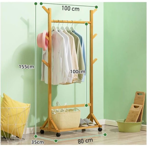 Cuier hol, Quasar & Co.®, cu roti, pretabil imbracaminte/incaltaminte, bambus, 80 x 35 x 155 cm, natur - imagine 8