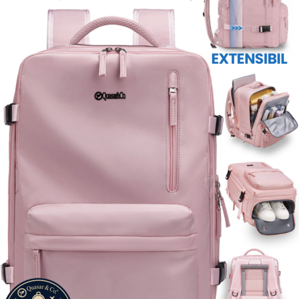 Rucsac bagaj de mana avion Quasar & Co.®, extensibil 43x30x20-28 cm, rucsac calatorie/voiaj multifunctional, impermeabil, compartiment pantofi, compartiment laptop, sistem agatare pe troler, pretabil drumetii/scoala, cu USB, textil, roz