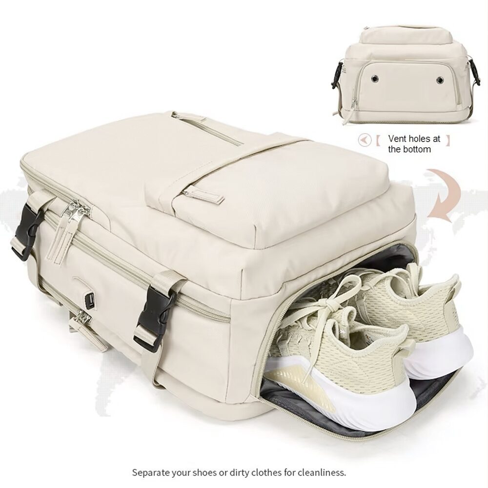 Rucsac Quasar & Co.®, bagaj de mana avion, multifunctional, extensibil, impermeabil, compartiment pantofi, compartiment laptop, sistem agatare pe troler, rucsac calatorie/voiaj pretabil drumetii/scoala, cu USB, textil, 43x30x20-28 cm, ivoire 3