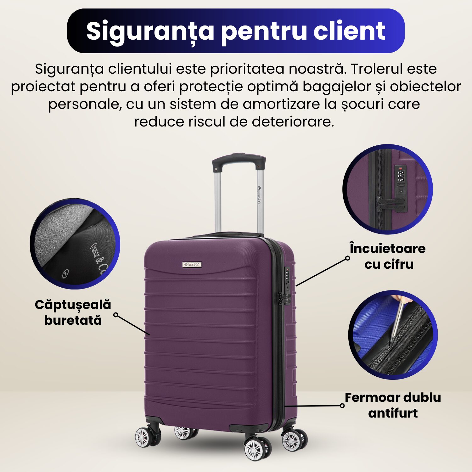 Troler cabina avion Quasar & Co.®, 55x36x20cm, bagaj de mana, troller cu fermoar antifurt, cifru, maner telescopic lung, geamantan cu 4 roti duble silentioase 360°, valiza ABS 2.8 mm, rezistent, 2 compartimente cu buzunar, 10kg, LINE, mov 13
