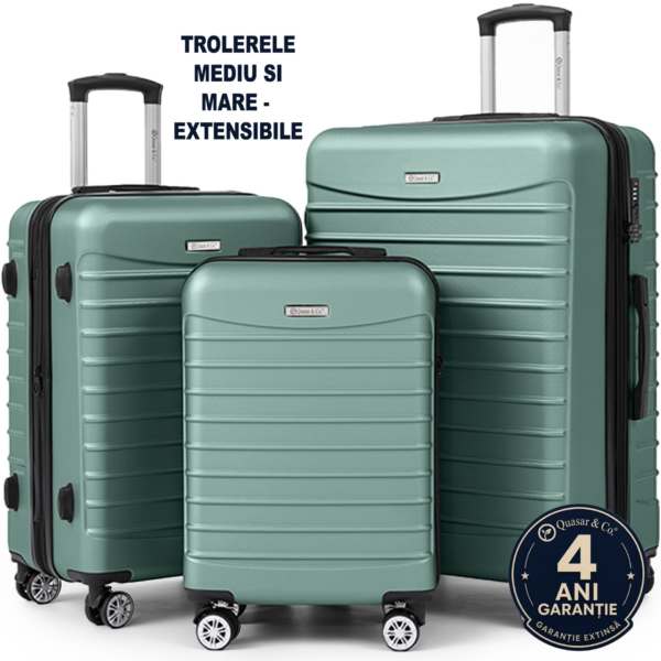 Set 3 trolere Quasar & Co.®, S/M/L, valize cu fermoar antifurt, bagaje cu cifru, maner telescopic, geamantane cu 4 roti duble silentioase 360°, ABS 2.8 mm extradur, captuseala buretata, cate 2 compartimente cu buzunar, LINE, turcoaz deschis