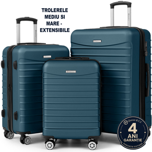 Set 3 trolere Quasar & Co.®, S/M/L, valize cu fermoar antifurt, bagaje cu cifru, maner telescopic, geamantane cu 4 roti duble silentioase 360°, ABS 2.8 mm extradur, captuseala buretata, cate 2 compartimente cu buzunar, LINE, albastru petrol 2 Set 3 trolere Quasar & Co.®, S/M/L, valize cu fermoar antifurt, bagaje cu cifru, maner telescopic, geamantane cu 4 roti duble silentioase 360°, ABS 2.8 mm extradur, captuseala buretata, cate 2 compartimente cu buzunar, LINE, albastru petrol
