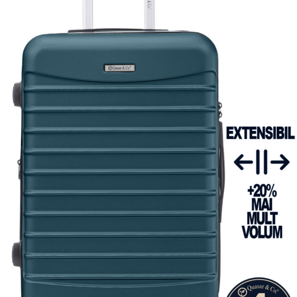 Troler mare extensibil Quasar & Co.®, 77x53x32-37cm, bagaj de cala, troller avion cu fermoar antifurt, cifru, maner telescopic, geamantan cu 4 roti duble silentioase 360°, valiza ABS 2.8 mm, 2 compartimente cu buzunar, LINE, Albastru petrol 2 Troler mare extensibil Quasar & Co.®, 77x53x32-37cm, bagaj de cala, troller avion cu fermoar antifurt, cifru, maner telescopic, geamantan cu 4 roti duble silentioase 360°, valiza ABS 2.8 mm, 2 compartimente cu buzunar, LINE, Albastru petrol