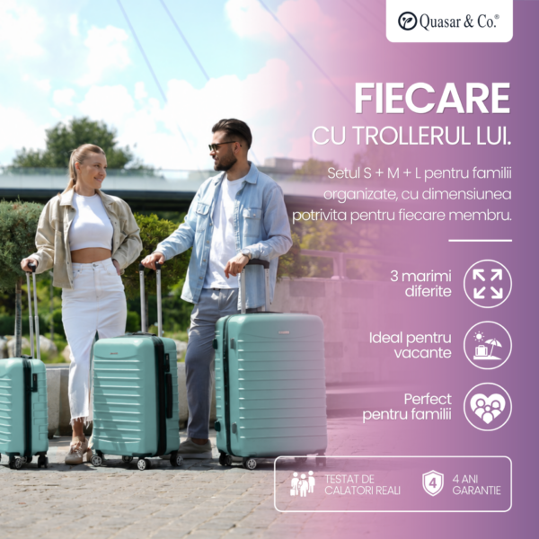 Set 3 trolere Quasar & Co.®, S/M/L, valize cu fermoar antifurt, bagaje cu cifru, maner telescopic, geamantane cu 4 roti duble silentioase 360°, ABS 2.8 mm extradur, captuseala buretata, cate 2 compartimente cu buzunar, LINE, turcoaz deschis