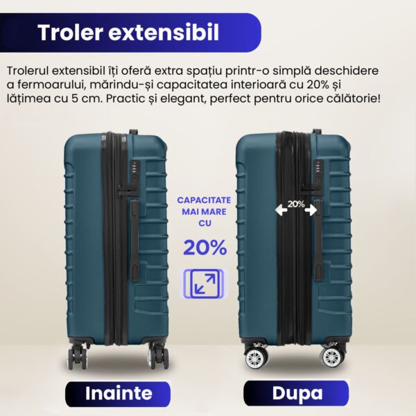 Troler mediu extensibil Quasar & Co.®, 66x41x26-31cm, bagaj de cala, troller avion cu fermoar antifurt, cifru, maner telescopic, geamantan cu 4 roti duble silentioase 360°, valiza ABS 2.8 mm, 2 compartimente cu buzunar, LINE, Albastru petrol Trolere medii 2026-04-18