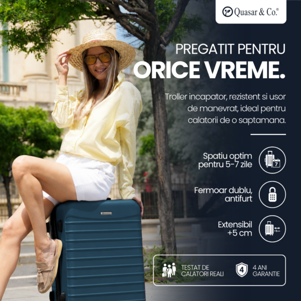 Troler mediu extensibil Quasar & Co.®, 66x45x28-33cm, bagaj de cala, troller avion cu fermoar antifurt, cifru, maner telescopic, geamantan cu 4 roti duble silentioase 360°, valiza ABS 2.8 mm, 2 compartimente cu buzunar, LINE, Albastru petrol