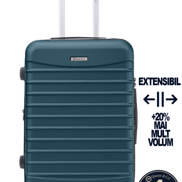 Troler mediu extensibil Quasar & Co.®, 66x45x28-33cm, bagaj de cala, troller avion cu fermoar antifurt, cifru, maner telescopic, geamantan cu 4 roti duble silentioase 360°, valiza ABS 2.8 mm, 2 compartimente cu buzunar, LINE, Albastru petrol