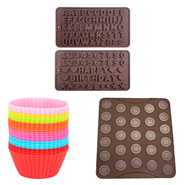 Set cofetarie Quasar & Co.®, foaie 27 macarons, 24 forme briose, 2 forme decorare cu litere si cifre, silicon, maro-galben Forme prajituri 2025-03-15 2