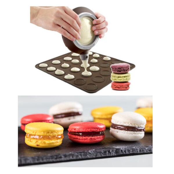 Set cofetarie Quasar & Co.®, foaie 27 macarons, 24 forme briose, 2 forme decorare cu litere si cifre, silicon, maro-galben Forme prajituri 2025-03-17