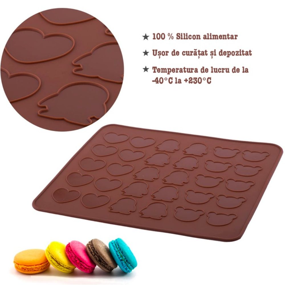 Set cofetarie Quasar & Co.®, 2 foi macarons a cate 27 forme, 1 foaie macarons forma inima/pinguin/ursulet, silicon, maro 3 Set cofetarie Quasar & Co.®, 2 foi macarons a cate 27 forme, 1 foaie macarons forma inima/pinguin/ursulet, silicon, maro 3