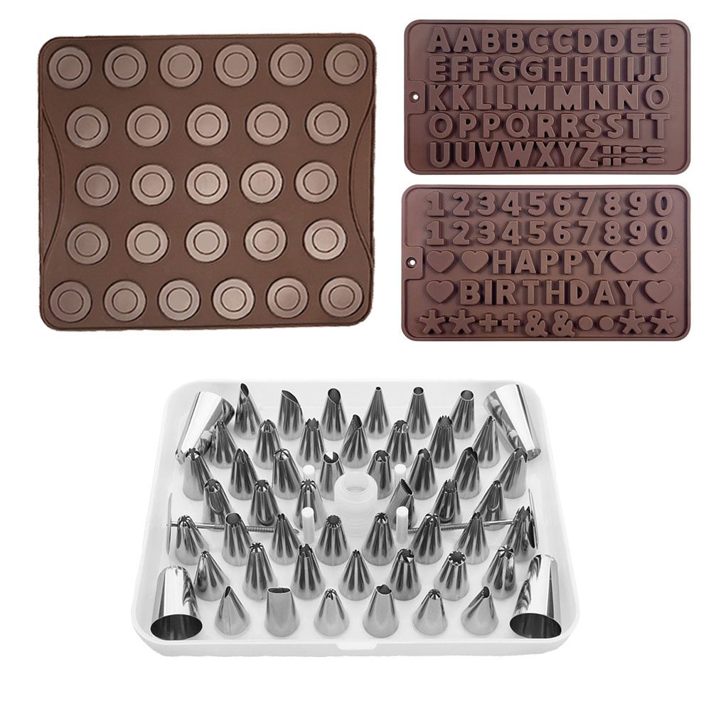 Set cofetarie Quasar & Co.®, foaie 27 macarons, 2 forme decorare cu litere si cifre, 55 duiuri decorare, silicon/metal, maro-gri