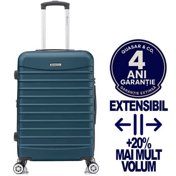 Troler mediu extensibil Quasar & Co.®, 66x41x26-31cm, bagaj de cala, troller avion cu fermoar antifurt, cifru, maner telescopic, geamantan cu 4 roti duble silentioase 360°, valiza ABS 2.8 mm, 2 compartimente cu buzunar, LINE, Albastru petrol Trolere medii 2026-04-18 2