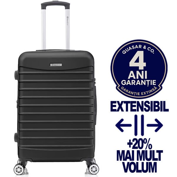 Troler mediu extensibil Quasar & Co.®, 66x41x26-31cm, bagaj de cala, troller avion cu fermoar antifurt, cifru, maner telescopic, geamantan cu 4 roti duble silentioase 360°, valiza ABS 2.8 mm, 2 compartimente cu buzunar, LINE, Negru Trolere medii 2026-04-18 2