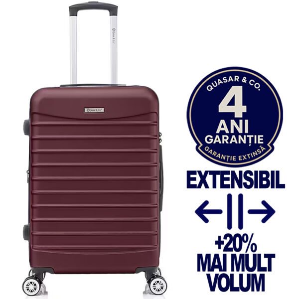 Troler mediu extensibil Quasar & Co.®, 66x41x26-31cm, bagaj de cala, troller avion cu fermoar antifurt, cifru, maner telescopic, geamantan cu 4 roti duble silentioase 360°, valiza ABS 2.8 mm, 2 compartimente cu buzunar, LINE, Visiniu Trolere medii 2026-04-18 2