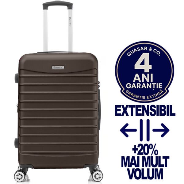 Troler mediu extensibil Quasar & Co.®, 66x41x26-31cm, bagaj de cala, troller avion cu fermoar antifurt, cifru, maner telescopic, geamantan cu 4 roti duble silentioase 360°, valiza ABS 2.8 mm, 2 compartimente cu buzunar, LINE, Dark Coffee Trolere medii 2026-04-18 2