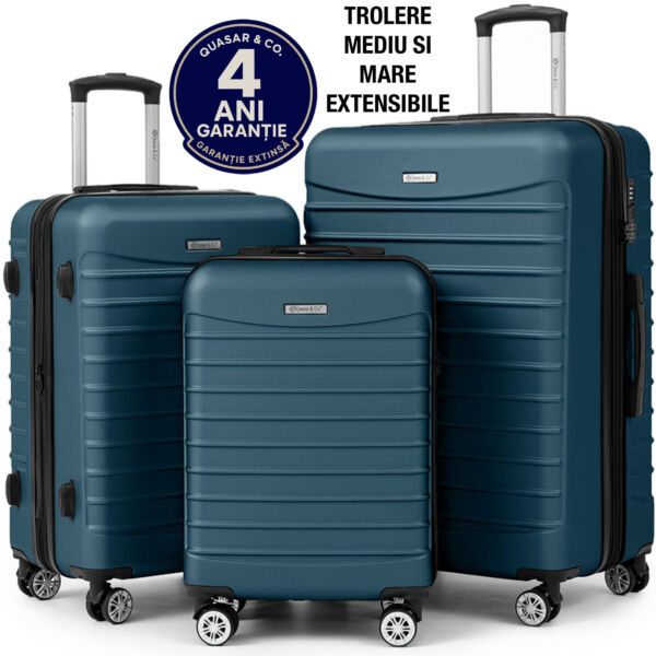 Set 3 trolere Quasar & Co.®, S/M/L, valize cu fermoar antifurt, bagaje cu cifru, maner telescopic, geamantane cu 4 roti duble silentioase 360°, ABS 2.8 mm extradur, captuseala buretata, cate 2 compartimente cu buzunar, LINE, albastru petrol Set 3 trolere 2026-04-18 2