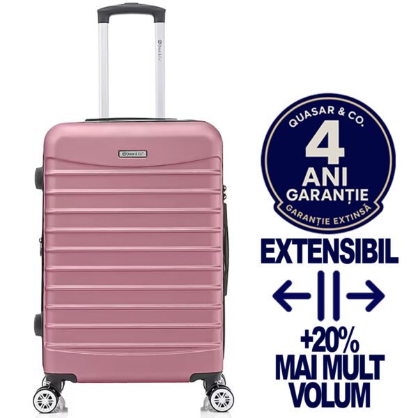 Troler mediu extensibil Quasar & Co.®, 66x41x26-31cm, bagaj de cala, troller avion cu fermoar antifurt, cifru, maner telescopic, geamantan cu 4 roti duble silentioase 360°, valiza ABS 2.8 mm, 2 compartimente cu buzunar, LINE, Roz pudrat Trolere medii 2026-04-18 2