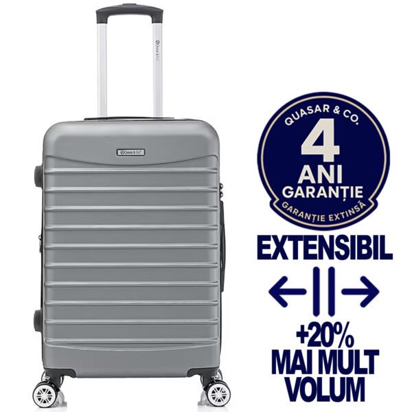 Troler mediu extensibil Quasar & Co.®, 66x41x26-31cm, bagaj de cala, troller avion cu fermoar antifurt, cifru, maner telescopic, geamantan cu 4 roti duble silentioase 360°, valiza ABS 2.8 mm, 2 compartimente cu buzunar, LINE, Argintiu Trolere medii 2026-04-18 2