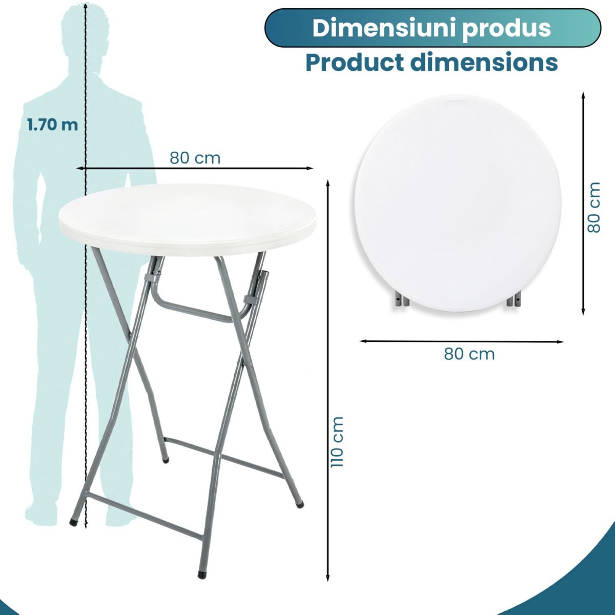 Masa evenimente Quasar & Co.®, banchet/catering, picioare metal pliabile, inalta, rotunda, d 80 cm, h 110 cm, ABS/metal, alb 6
