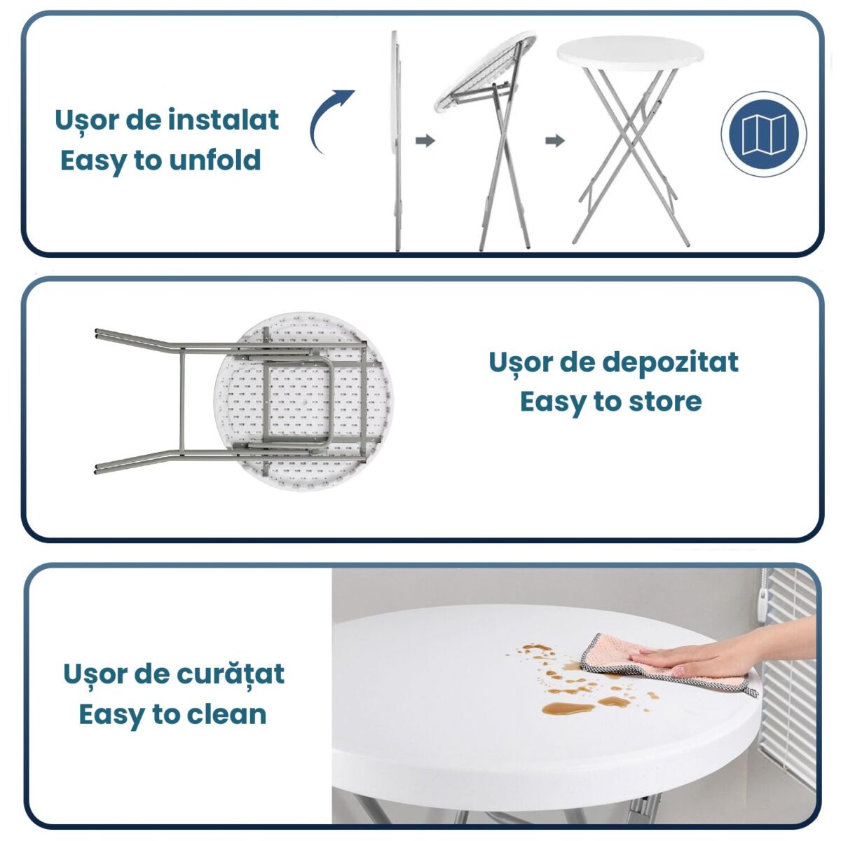 Masa evenimente Quasar & Co.®, banchet/catering, picioare metal pliabile, inalta, rotunda, d 80 cm, h 110 cm, ABS/metal, alb 8