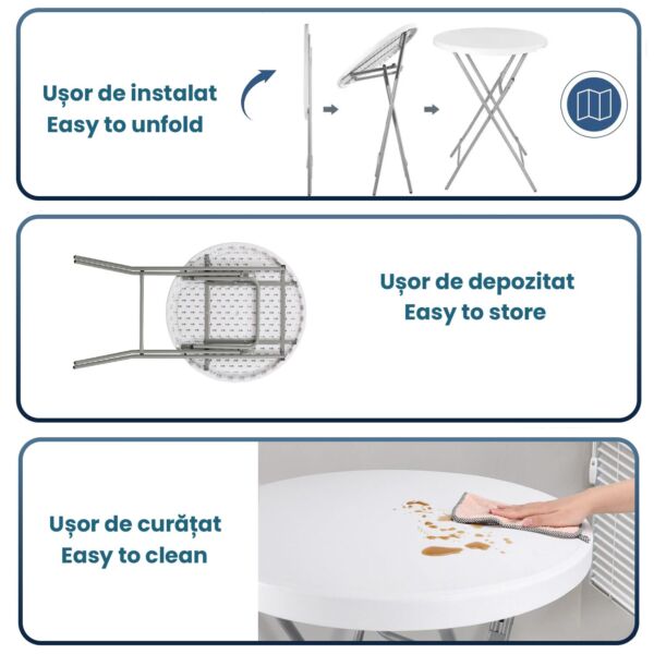 Masa evenimente Quasar & Co.®, banchet/catering, picioare metal pliabile, inalta, rotunda, d 80 cm, h 110 cm, ABS/metal, alb - imagine 8
