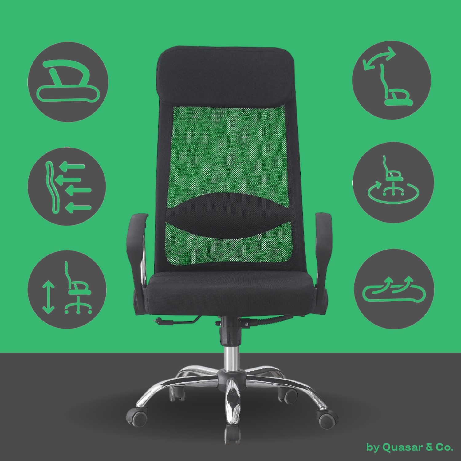 Scaun de birou,  Quasar & Co.®, ergonomic, manere rabatabile, sezut latex, inaltime reglabila, suport lombar, tetiera ajustabila, mesh, 57 x 53 x 98-107 cm, alb/gri 11