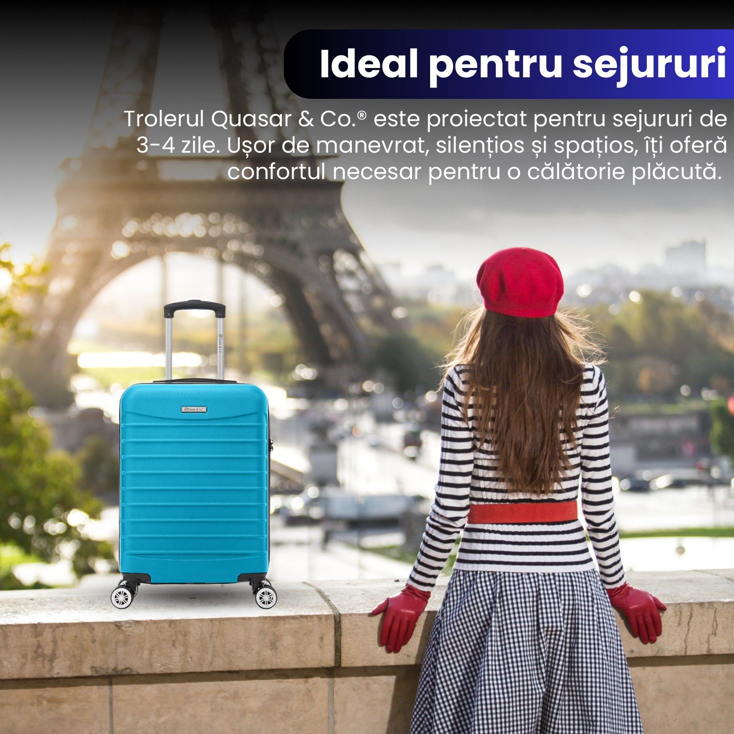 Valiza model Line este proiectata perfect pentru sejururi de 3-4 zile si ofera spatiu generos, compartimente, rotile omnidirectionale, manerul telescopic reglabil, carcasa exterioara din ABS