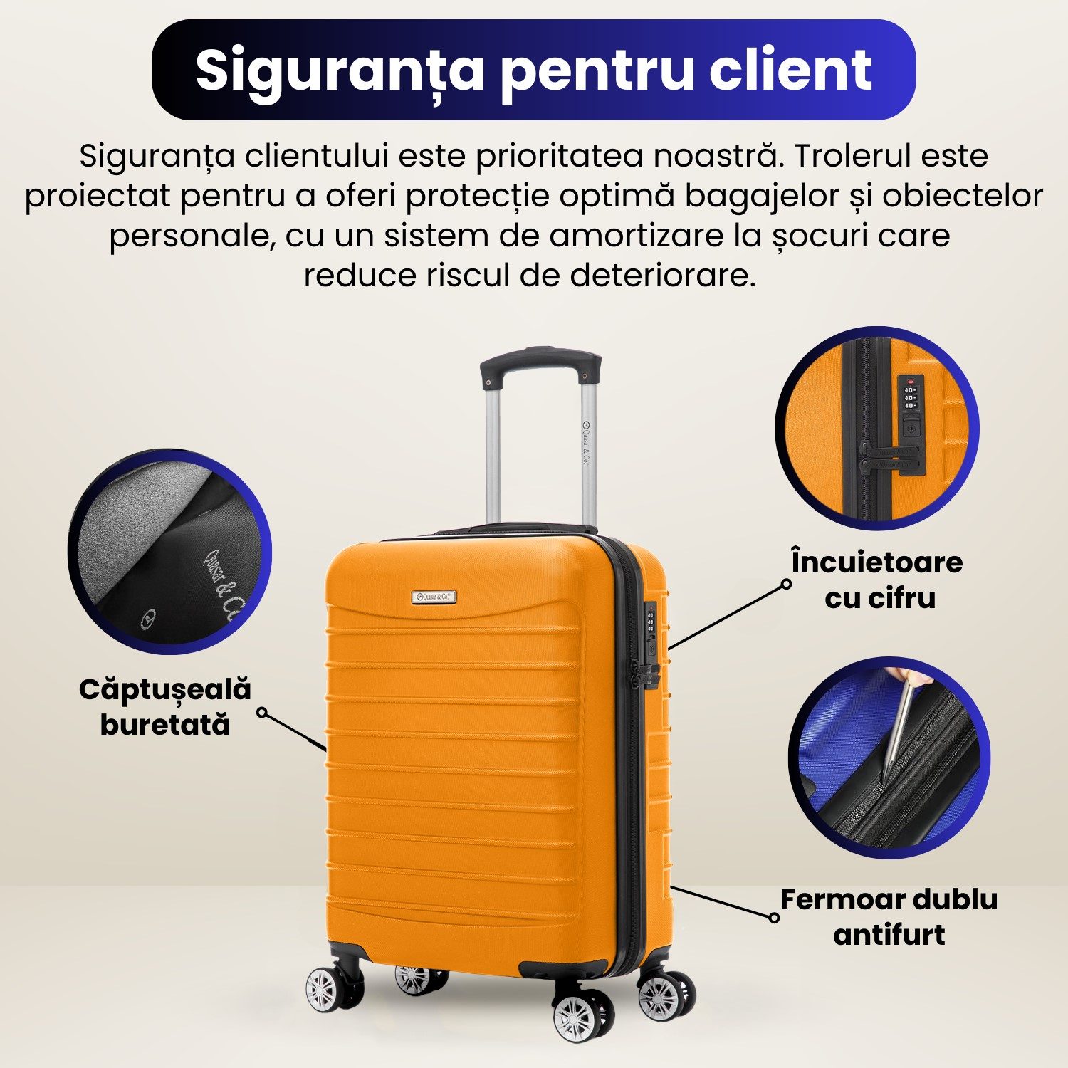 A2 Troler cabina avion Quasar & Co.®, 55x36x20cm, bagaj de mana, troller cu fermoar antifurt, cifru, maner telescopic lung, geamantan cu 4 roti duble silentioase 360°, valiza ABS 2.8 mm, rezistent, 2 compartimente cu buzunar, 10kg, LINE, portocaliu 14