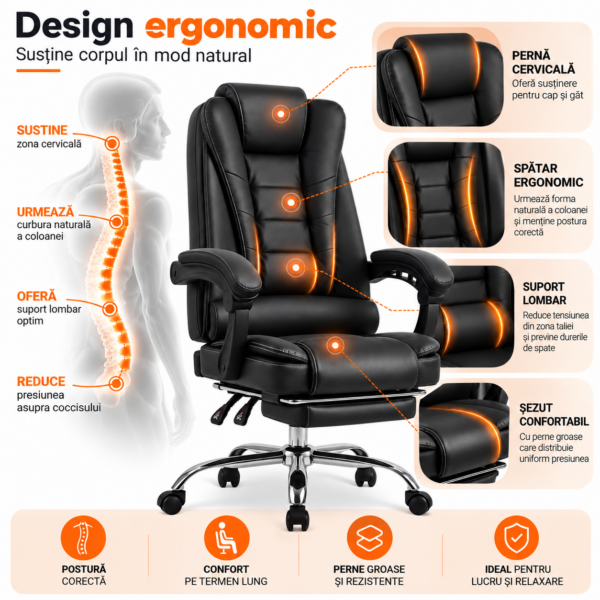 Scaun birou ergonomic directorial, Quasar & Co.®, model Beta, piele ecologica, spatar reglabil, suport picioare retractabil, inaltime reglabila, baza cromata, negru Scaun birou ergonomic directorial, Quasar & Co.®, model Beta, piele ecologica, spatar reglabil, suport picioare retractabil, inaltime reglabila, baza cromata, negru