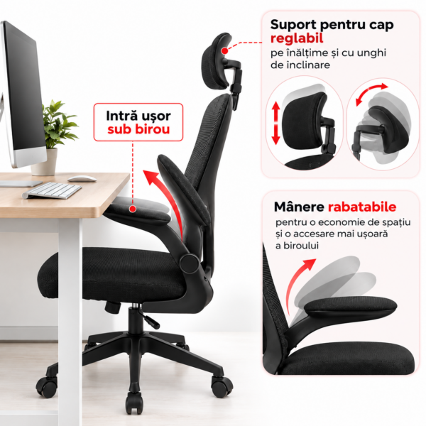 Scaun birou ergonomic, office, Quasar & Co.®, model Sigma, mesh, suport lombar, tetiera reglabila, manere rabatabile, negru Scaun birou ergonomic, office, Quasar & Co.®, model Sigma, mesh, suport lombar, tetiera reglabila, manere rabatabile, negru