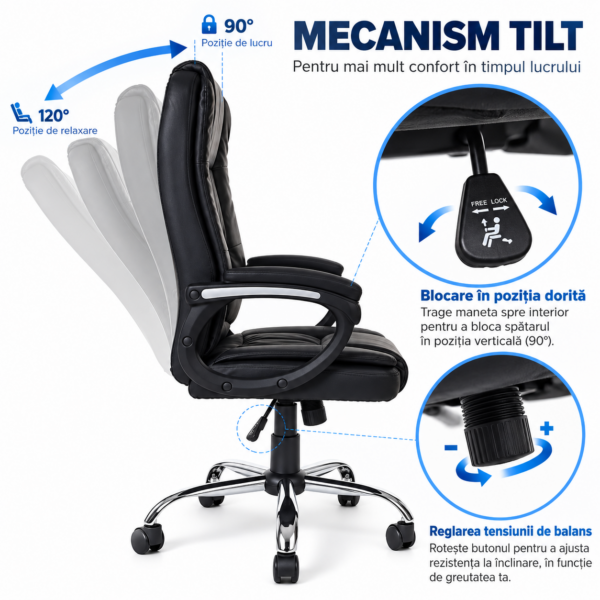 Scaun birou ergonomic directorial, Quasar & Co.®, model Kappa, piele ecologica, inaltime reglabila, sistem balansoar, baza cromata, negru - imagine 2