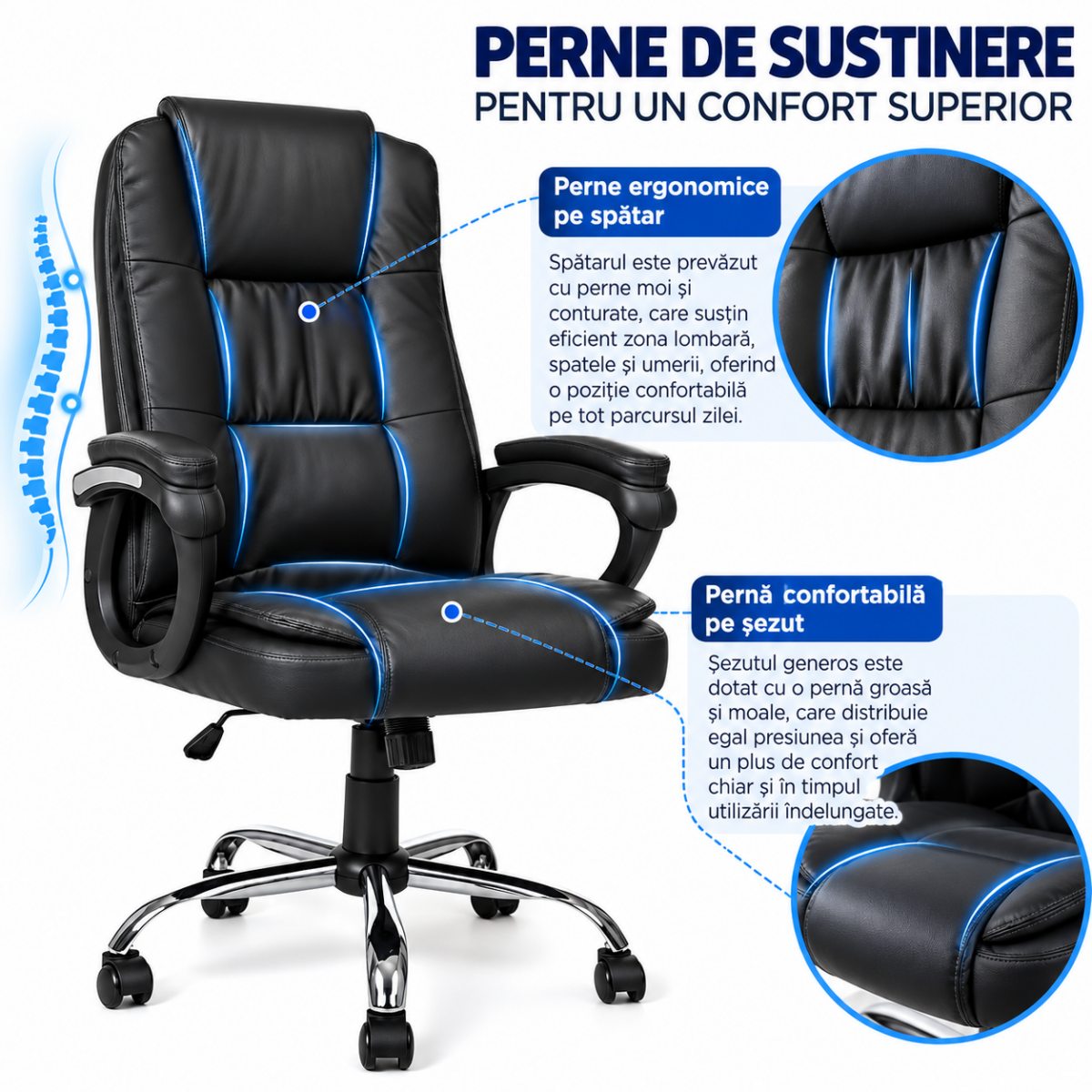 Scaun birou ergonomic directorial, Quasar & Co.®, model Kappa, piele ecologica, inaltime reglabila, sistem balansoar, baza cromata, negru 3 Scaun birou ergonomic directorial, Quasar & Co.®, model Kappa, piele ecologica, inaltime reglabila, sistem balansoar, baza cromata, negru 3