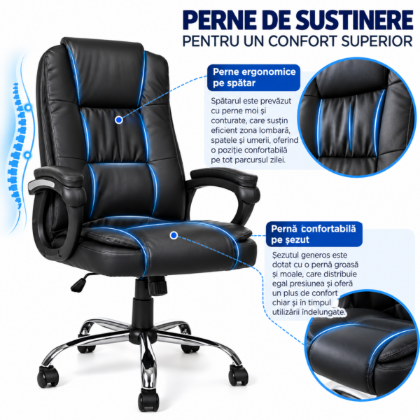 Scaun birou ergonomic directorial, Quasar & Co.®, model Kappa, piele ecologica, inaltime reglabila, sistem balansoar, baza cromata, negru - imagine 3