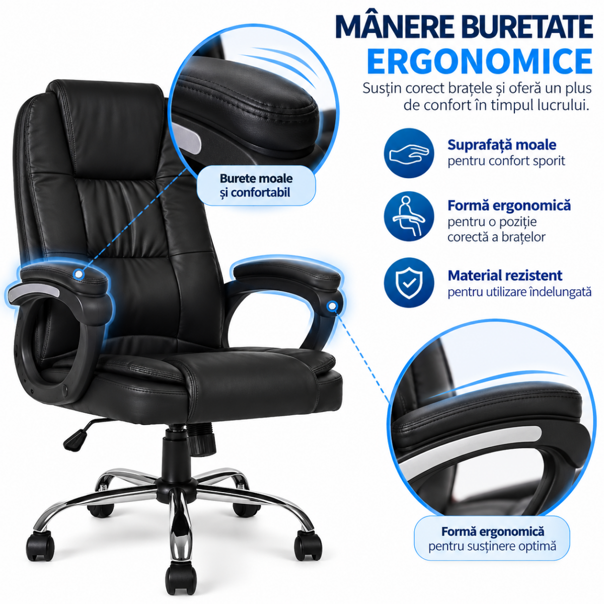 Scaun birou ergonomic directorial, Quasar & Co.®, model Kappa, piele ecologica, inaltime reglabila, sistem balansoar, baza cromata, negru 4 Scaun birou ergonomic directorial, Quasar & Co.®, model Kappa, piele ecologica, inaltime reglabila, sistem balansoar, baza cromata, negru 4