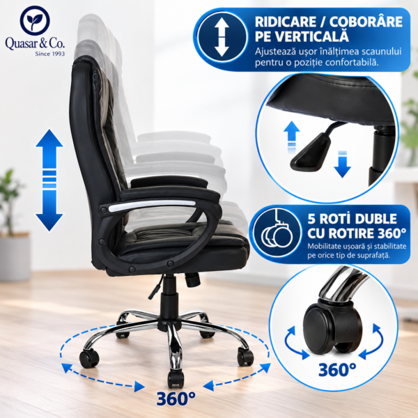 Scaun birou ergonomic directorial, Quasar & Co.®, model Kappa, piele ecologica, inaltime reglabila, sistem balansoar, baza cromata, negru - imagine 5