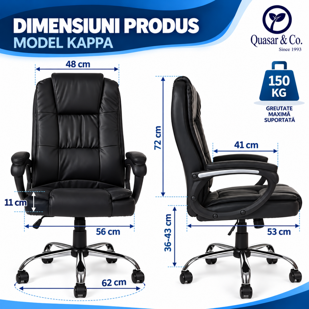Scaun birou ergonomic directorial, Quasar & Co.®, model Kappa, piele ecologica, inaltime reglabila, sistem balansoar, baza cromata, negru 6 Scaun birou ergonomic directorial, Quasar & Co.®, model Kappa, piele ecologica, inaltime reglabila, sistem balansoar, baza cromata, negru 6