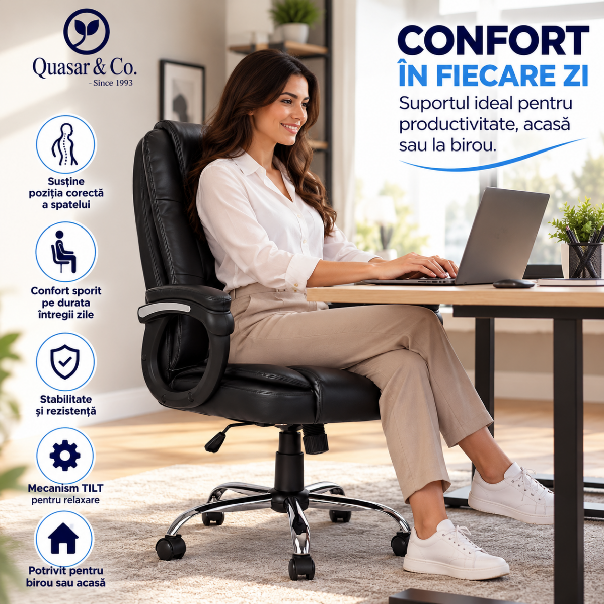 Scaun birou ergonomic directorial, Quasar & Co.®, model Kappa, piele ecologica, inaltime reglabila, sistem balansoar, baza cromata, negru 7 Scaun birou ergonomic directorial, Quasar & Co.®, model Kappa, piele ecologica, inaltime reglabila, sistem balansoar, baza cromata, negru 7