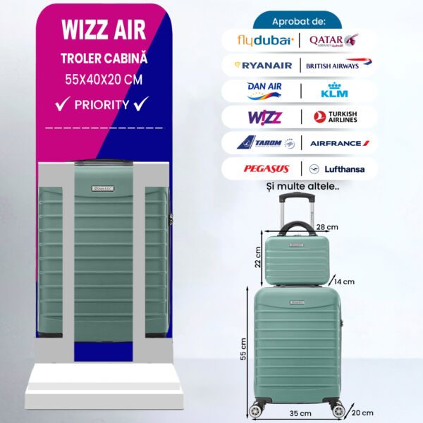 Set troler cabina cu geanta cosmetice Quasar & Co.®, valiza cabina avion, 55x36x20/28x22x14cm, 4 roti duble 360°, bagaj de mana, troller cu fermoar antifurt, cifru, maner telescopic lung, geamantan ABS 2.8 mm, LINE, Turcoaz deschis - imagine 2
