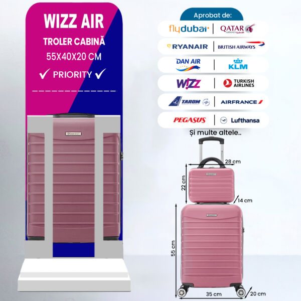 Set troler cabina cu geanta cosmetice Quasar & Co.®, valiza cabina avion, 55x36x20/28x22x14cm, 4 roti duble 360°, bagaj de mana, troller cu fermoar antifurt, cifru, maner telescopic lung, geamantan ABS 2.8 mm, LINE, Roz pudrat - imagine 2